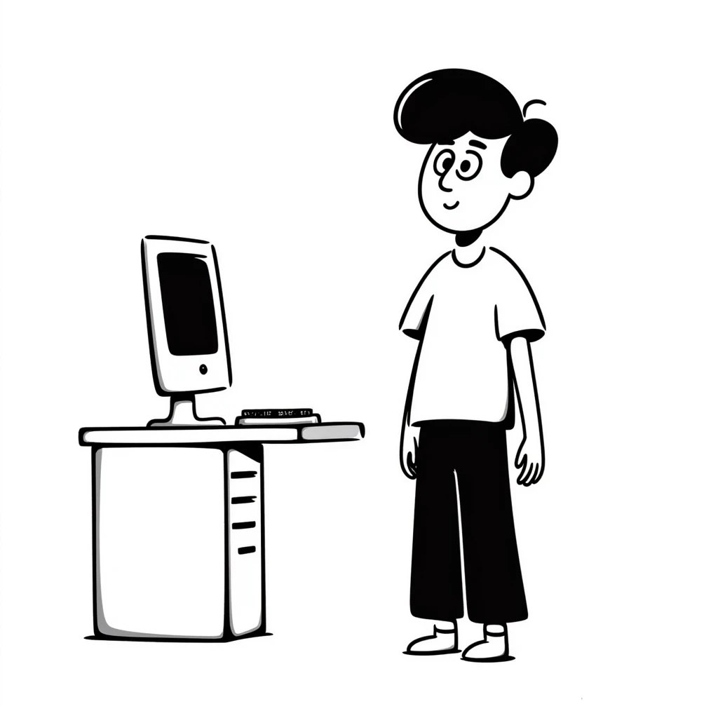 A young guy with a confused expression staring at a vintage desktop computer with bulky CRT monitor and old tower emoji