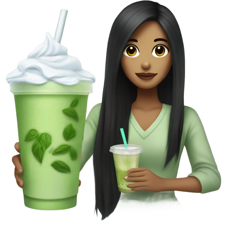 female with long black hair holding an iced matcha emoji