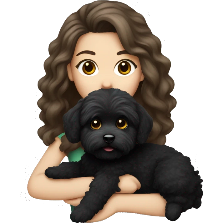 Caucasian Brunette girl long hair and hazel eyes, holding a black maltipoo emoji