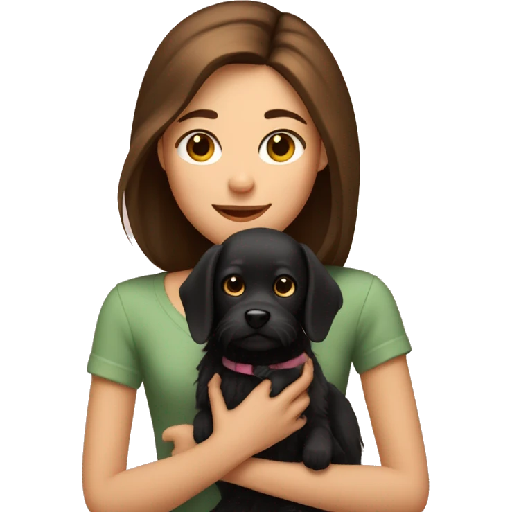 A girl with straight brown hair holding a small fluffy black dog emoji