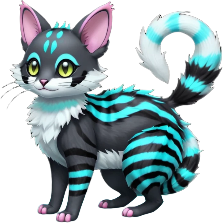  cute adorable pitch-Black-coated fur with glowing bioluminescent random colorful neon-markings iridescent beautiful elegant pretty precious cute young youthful  Fakémon-Pokémon-alien-opossum-feline-serval-caracal-chinchilla-Minccino-hybrid-creature with a big fluffy bushy striped tail (full body) emoji