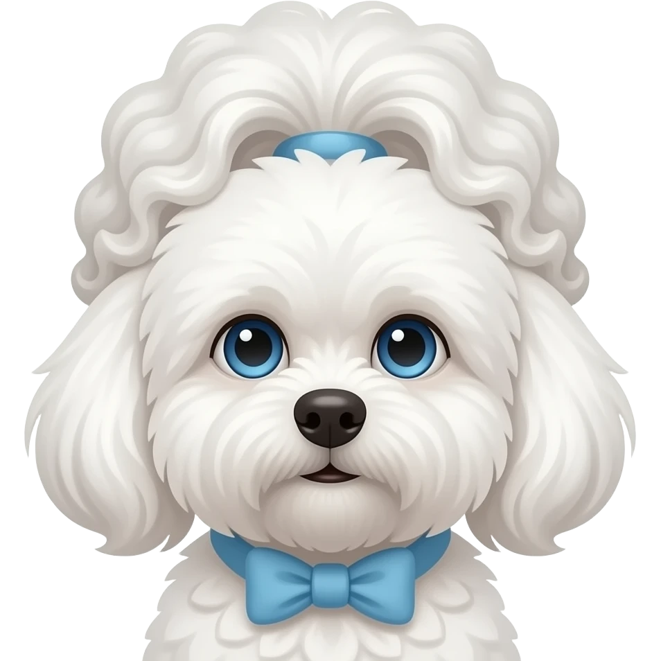 Elderly woman blue eyes very curly hair with maltese dog emoji