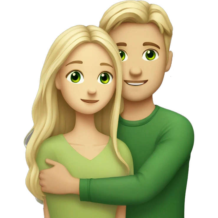 A girl with green eyes and brown long hair hugs a blond guy with green eyes emoji