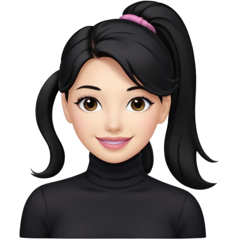 a woman with long sleeve turtle neck top and smile, her hair is long black pony tail, her eyes color are black and the color of her lip is soft pink emoji