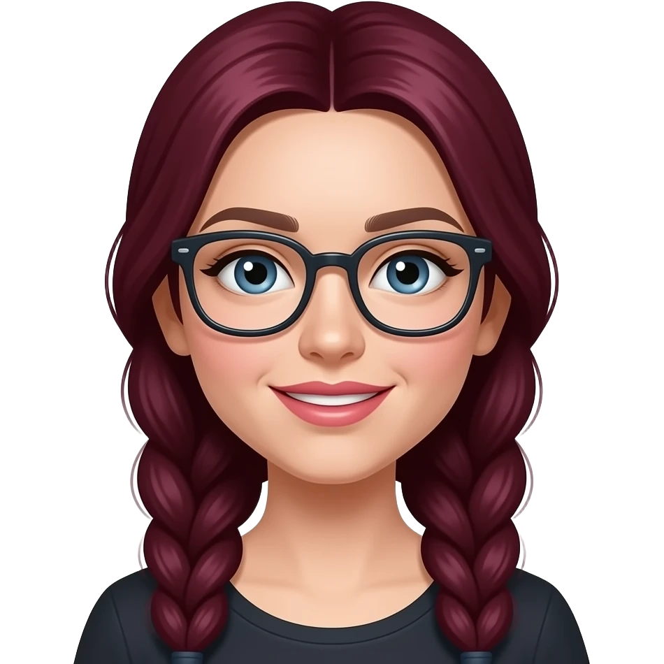 white girl with long dark red hair braided and blue eyes with glasses and pink lips emoji