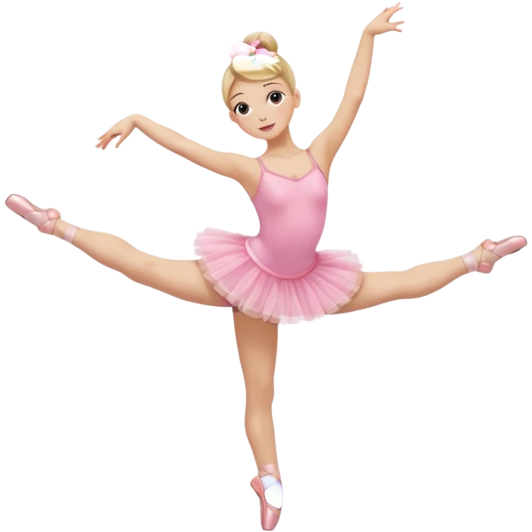 aestethic blonde girl doing ballet, with a pink tutu, bun, with a leg on the floor, and the other one in the air emoji