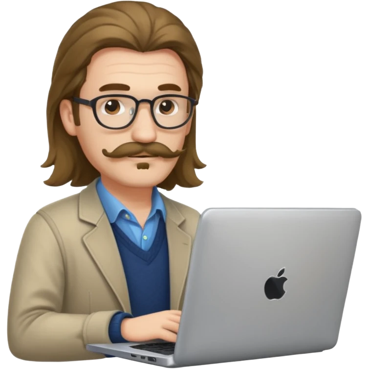A DEVELOPER WITH A laptop, USING inFORMAL CLOTHES, long hair, mustache emoji