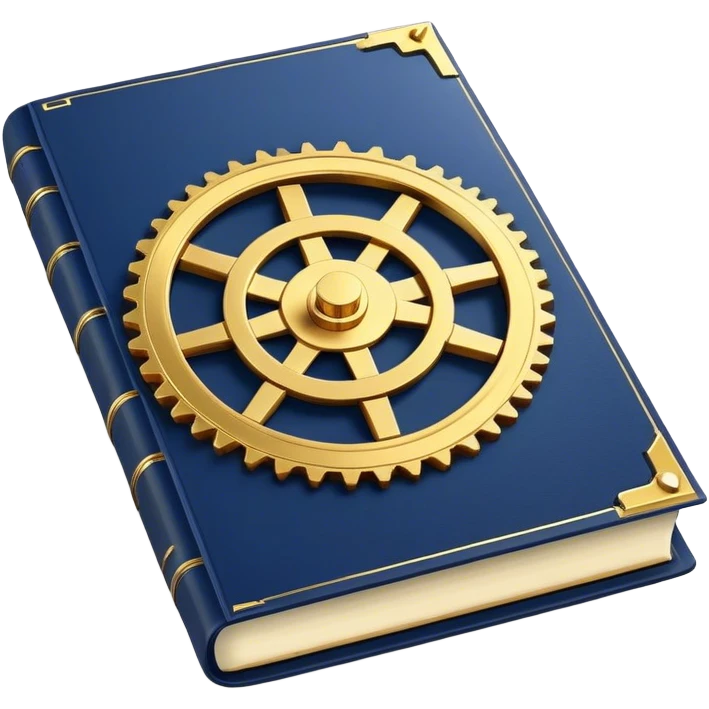 A navy blue book with gold details, metallic edges, and a golden gear with a chart with upward trend on the cover, radiating productivity, strategy, and success in motion- emoji