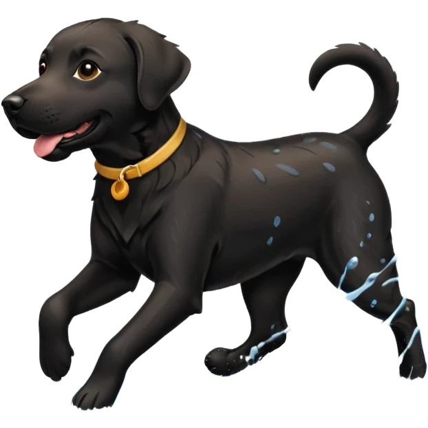 A black Labrador Retriever running through shallow water near a lake, splashing around happily. Natural lighting, motion shot, photorealistic style. emoji