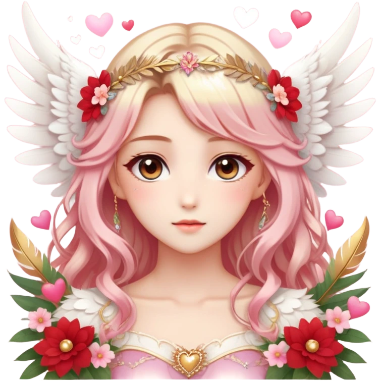 Dreamy pretty pastel anime flowers feathers hearts wings angelic laurel lady with pretty hair and gorgeous eyes, romantic aesthetic, reds, pinks, golds, whites, gradient hues, shiny, sparkly, cute, beautiful, sexy emoji