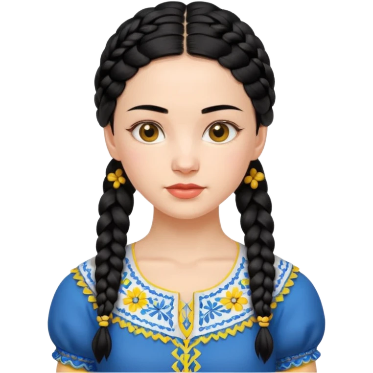 Ukrainian young woman with black hair with two braids in Ukrainian national clothes, strong body emoji