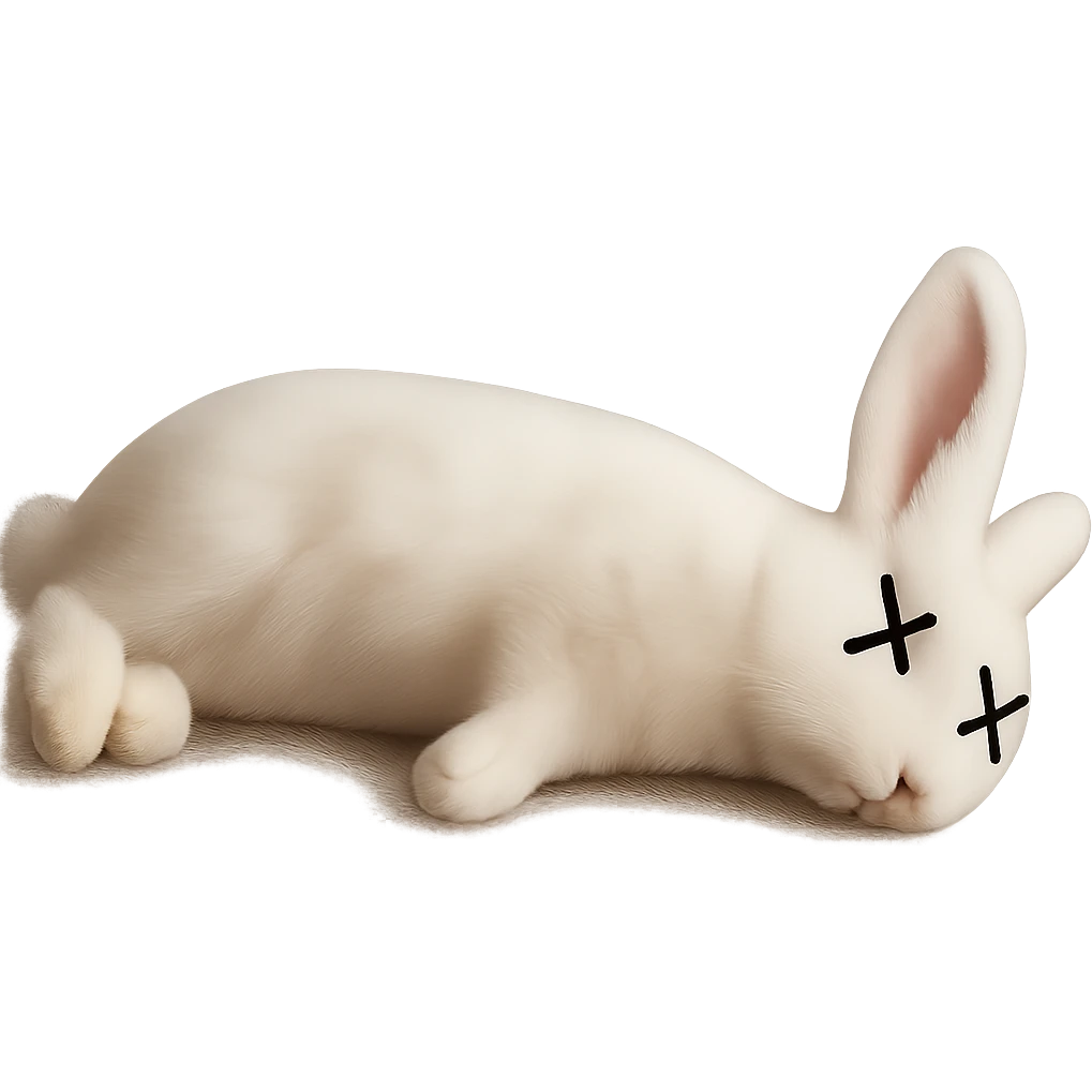 Add cartoon X's over the eyes to indicate the rabbit is dead, keep the rest realistic, no background. Maintain the realistic style of the rabbit while adding the cartoon X's over the eyes as a clear dead indicator. emoji