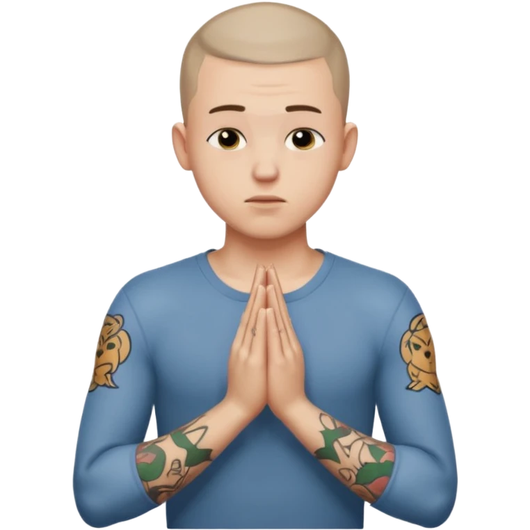 A 20 year old white man with a buzz cut and tattoos all over his arms and chest. Pleading face with hands praying  emoji