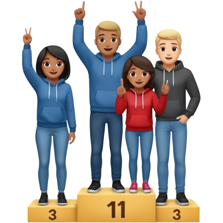 winners podium with three multi-racial people, center step higher, no numbers, all in jeans and hoodies, center person raises one finger on each hand, excited, fun, expressive emoji style emoji