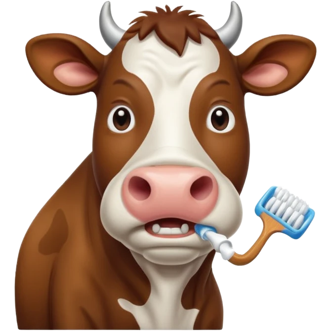 A cow brushing its teeth, looking sleepy and drowsy, portrait, bust up emoji