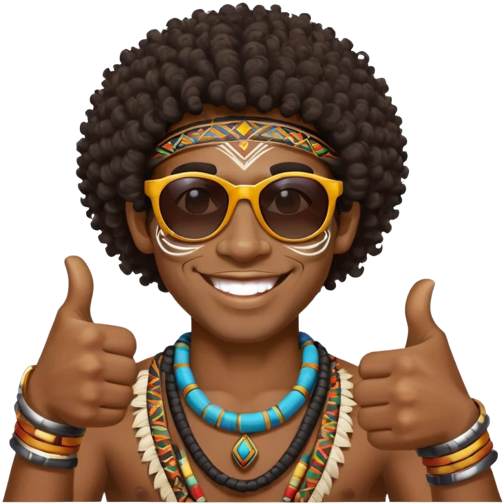 African Black tribal man with curly hair, traditional tribal face paint, wearing sunglasses, smiling, thumbs up emoji