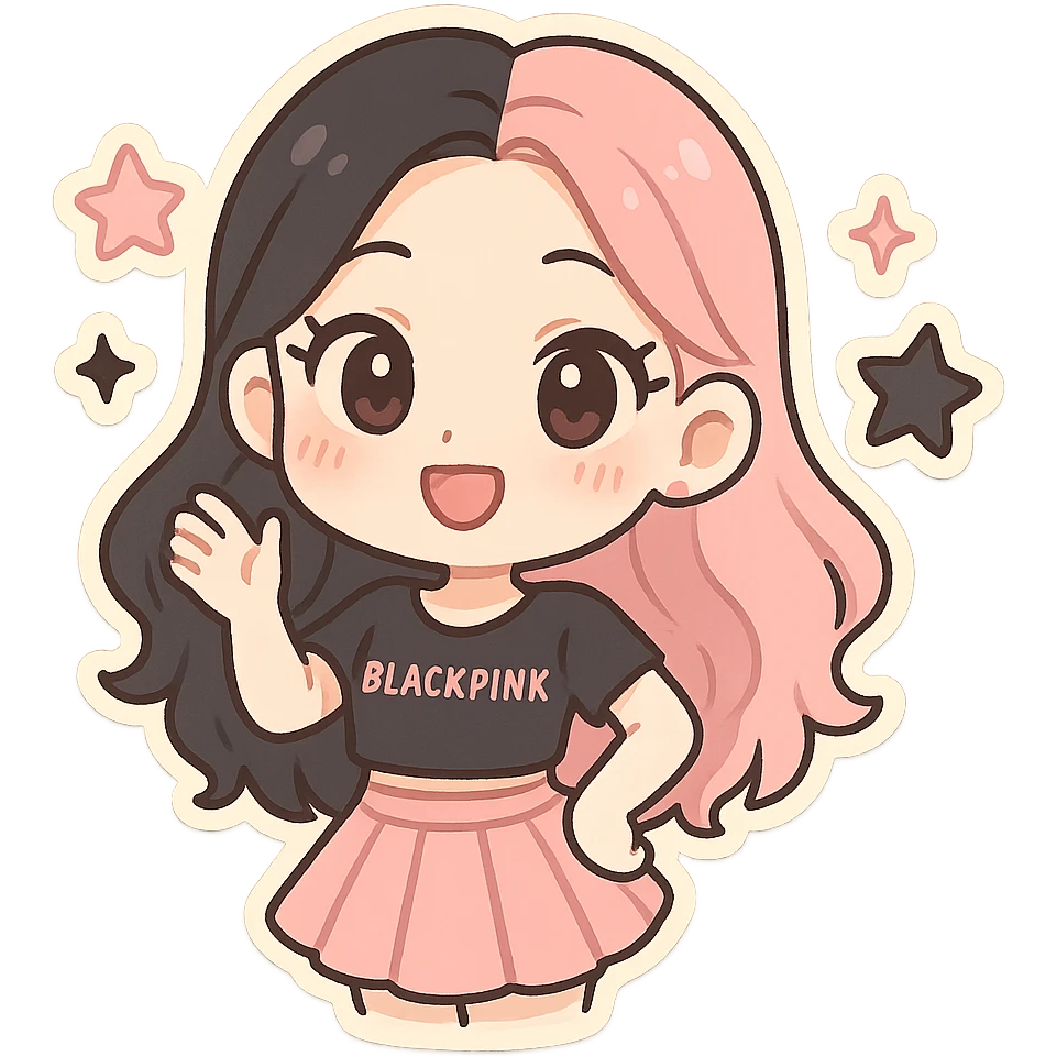 BLACKPINK-inspired chibi sticker, black and pink star, cute and expressive emoji