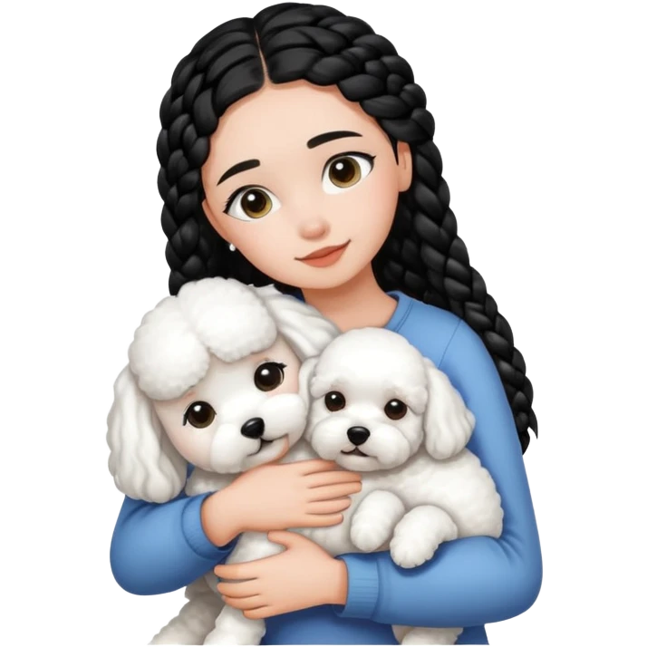 A girl with the black braids has straight hair ,hugging a Bichon frise emoji