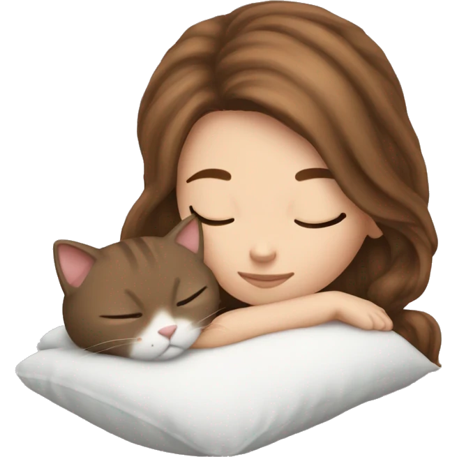 White girl brown hair sleeping with calico kitty emoji