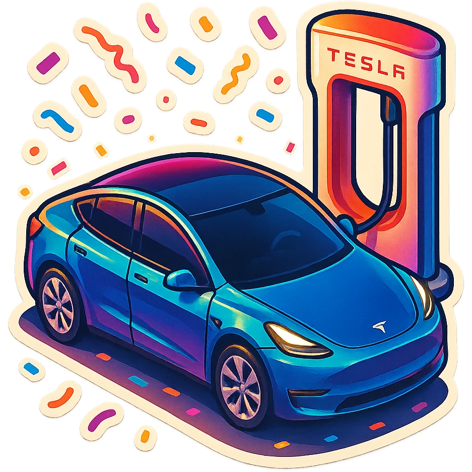 A Tesla Model Y parking at a supercharger, from above, with confetti emoji