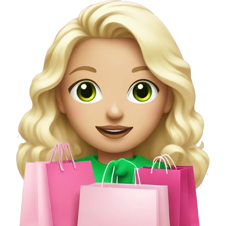 cute platinum blonde with green eyes wearing pink surrounded by pink shopping bags emoji
