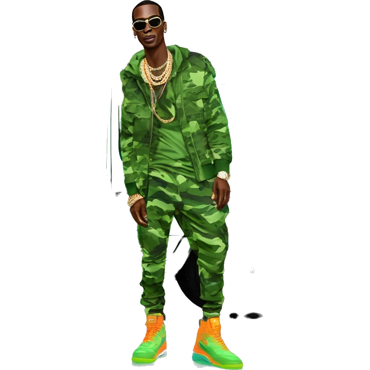 rapper,Young Dolph luxury clothes,blue diamond chain on,near his car, just opened drivers side car door to his all orange and green colored,whole car painted army camouflage, Mercedes G Wagon emoji