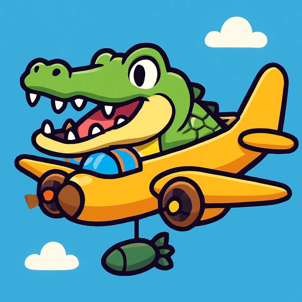 Create an emoji-style version of this image: a crocodile merged with a bomber airplane, flying in the sky, playful and cartoonish emoji