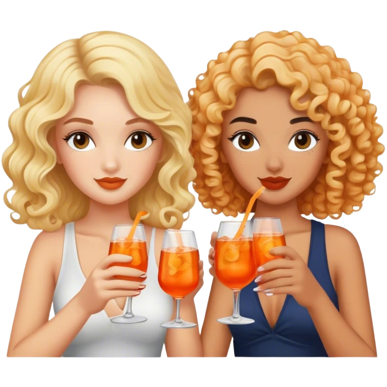 a blonde white girl and a bi racial girl with curly black hair drinking aperol spritz  emoji