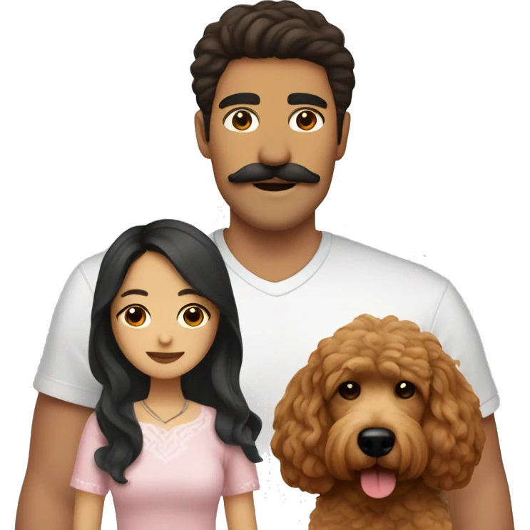 Mexican guy mustache with brown hair and asian girl with long black hair holding red goldendoodle emoji