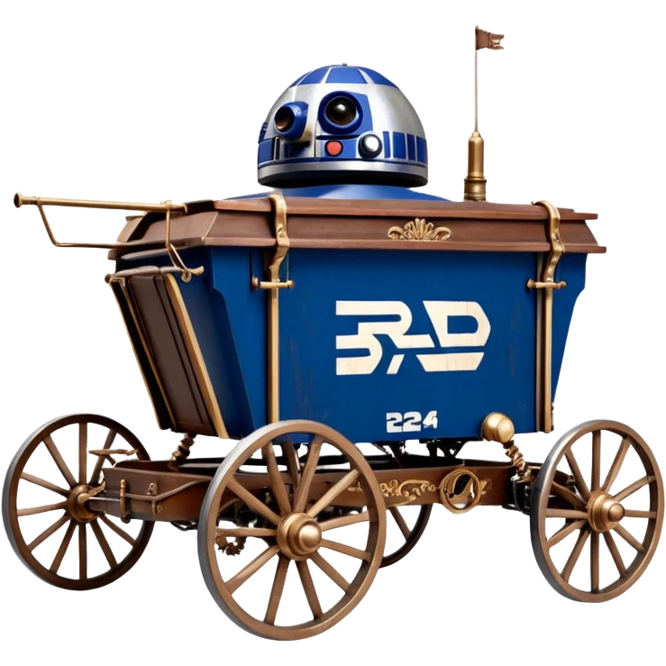 Old American West tarnished R2D2 bounty hunter in 1854 delicately ornate rosegold accents painted buggy buckboard wagon powered by electric motors and batteries with safety features and belts flying rapidly across rough dusty terrain stable on strong agile futuresteampunk suspension and steering  emoji