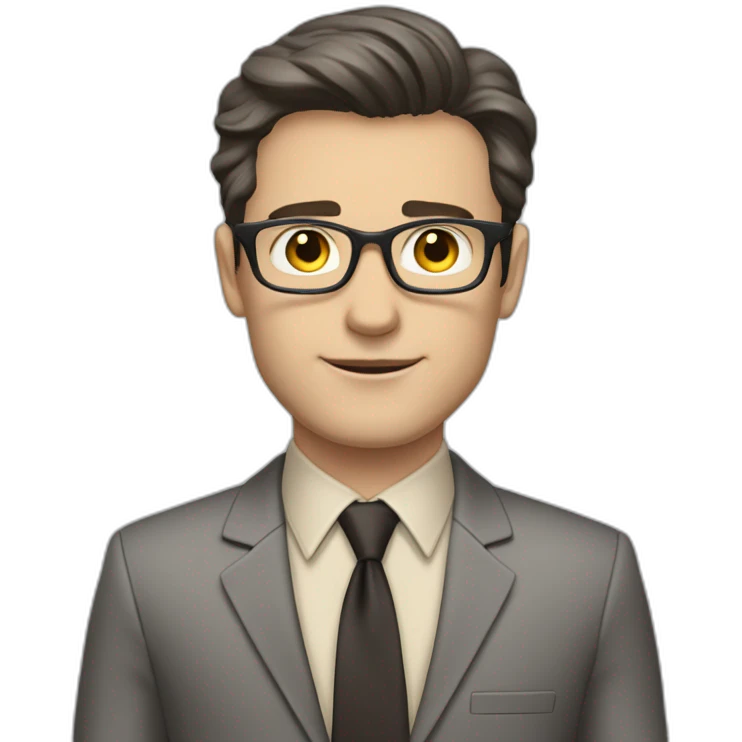 Full height Pale skinned Fit Man With dark brown hair in classic gray suit, beige office shirt, dark gray tie, and vintage glasses. His hands lock emoji