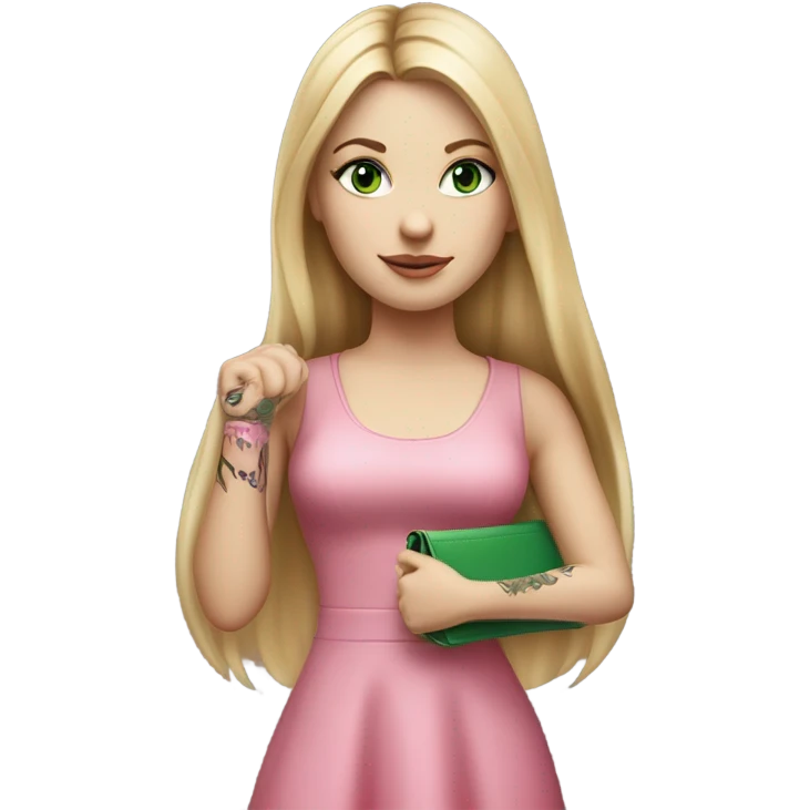 Realistic White girl with Long straight blonde hair, green eyes, tattoos, full body wearing pink dress, holding pink handbag emoji