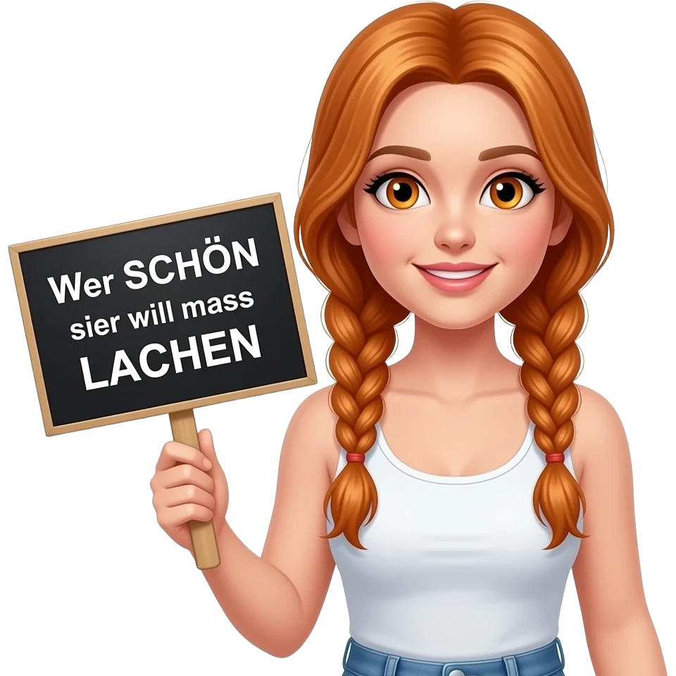 sexy girl with long ginger braids and ginger eyes wearing a white tanktop is holding a black sign with Wer SCHÖN sein will muss LACHEN written on it emoji