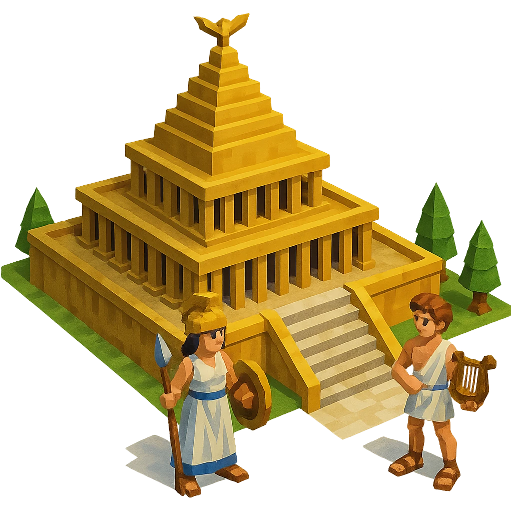Add Greek gods such as Athena and Apollo on the steps of the Olympian temple in a low poly 3D style, keep the background transparent. emoji