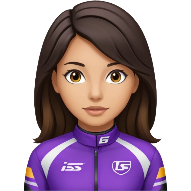 brunette long hair woman with black racing outfit with purple strips emoji