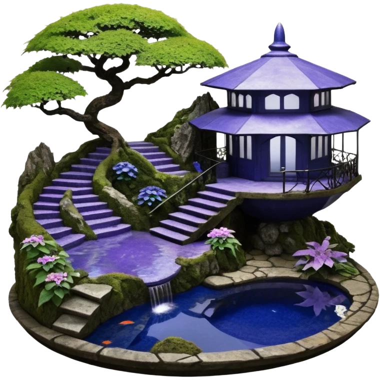 Alien saucer poolhouse jungle-vines precarious narrow stairway fountain koi pond mountainside -island getaway nighttime landscape antique mudman very old broken cracked intricate Stone Age lapis-crusted irregular dodecagon-shaped shallow dark moss rough bark violet serissa flowered maple tree bonsai emoji