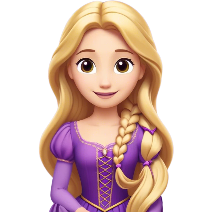 Cinematic Radiant Rapunzel Portrait Emoji, rendered in a flat vector style with clean proportions. Show Rapunzel with a gentle smile, fair, glowing skin, and her iconic long golden hair cascading softly, wearing a simple, elegant purple dress. The image radiates a warm, enchanting glow, high shine, and is accentuated by a soft glowing outline. emoji