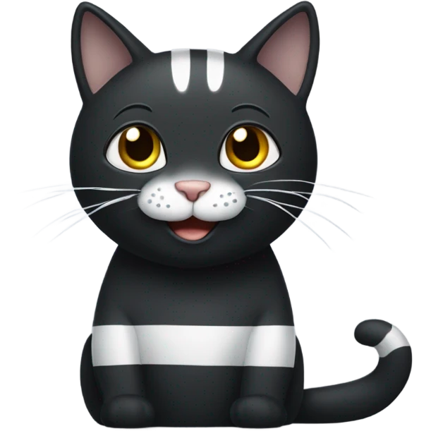 Black Cat with white paws and grey stripes that is smiling emoji