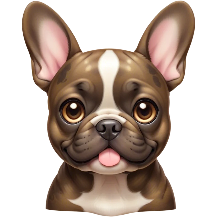 Cinematic Cute Brindle French Bulldog Portrait Emoji, Head tilted playfully and inquisitively, featuring a glossy brindle coat with a smooth texture and delicate fawn highlights, round, sparkling dark eyes filled with curiosity, Simplified yet irresistibly adorable features, highly detailed, glowing with a warm, friendly glow, high shine, affectionate and lively, stylized with a touch of whimsy, bright and endearing, soft glowing outline, capturing the essence of a mischievous yet loving companion, so playful it feels like it could prance out of the screen and into your arms! emoji