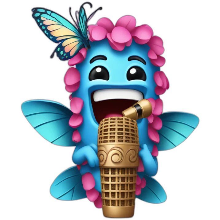Cartoon Blue and pink tiki singing with butterfly and mikrophone emoji