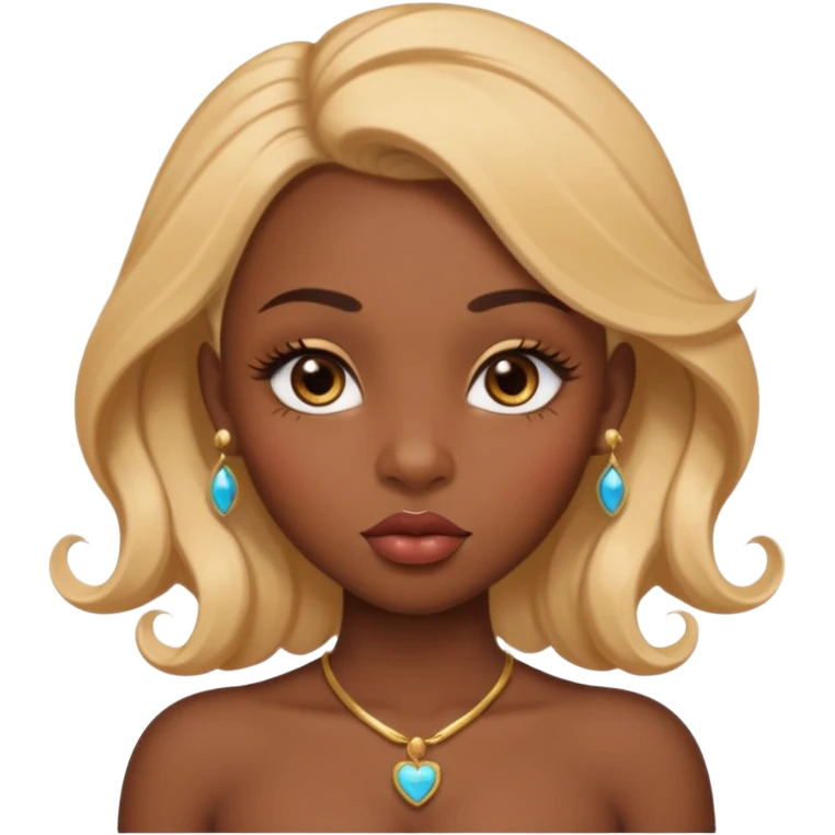 darkskin female with eyebrows that are naturally shaped and frame eyes well, eyes that are almond-shaped with defined lashes. nd lips are full with a defined cupid’s bow, add also a septum piercing that adds an edgy, stylish flair. a middle-part, honey blonde bust-down with laid baby hairs emoji