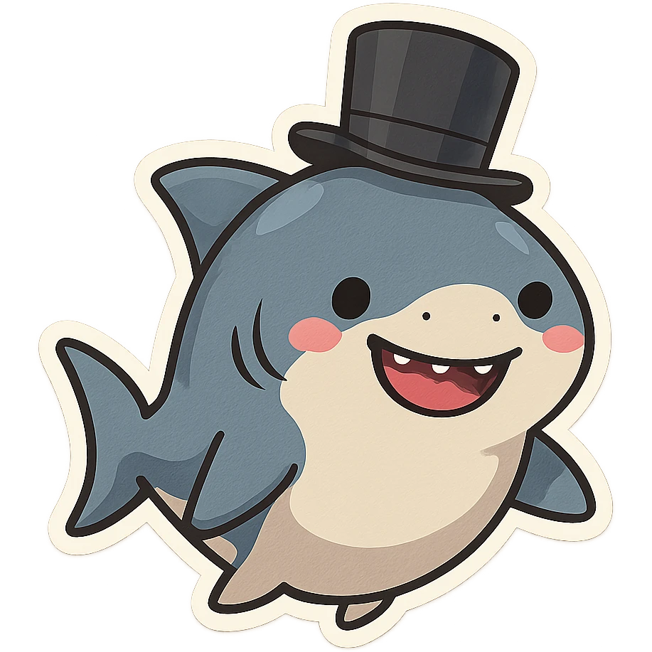 a cartoon shark with a black top hat, smiling, chibi stickers style emoji
