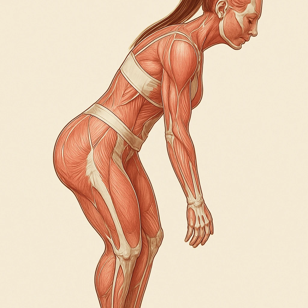 Faithful anatomical version of the girl in the same position as the reference photo, highlighting muscles and bones, maintaining the silhouette and details. Medical illustrative style with clear details. emoji