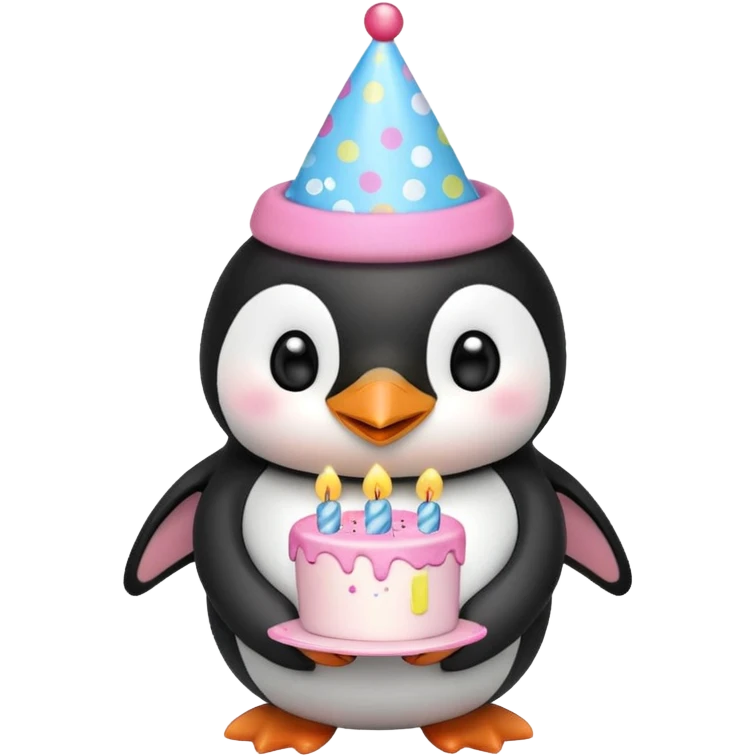 cute penguin  hold a birthday cake in both arms with pink birthday hat emoji