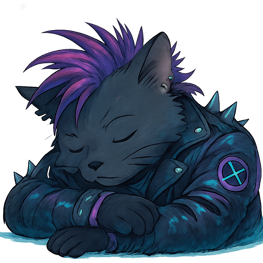  a anthro cat laying down his head to nap, punk gothic style, futuristic cyberwave cyberpunk, emoji