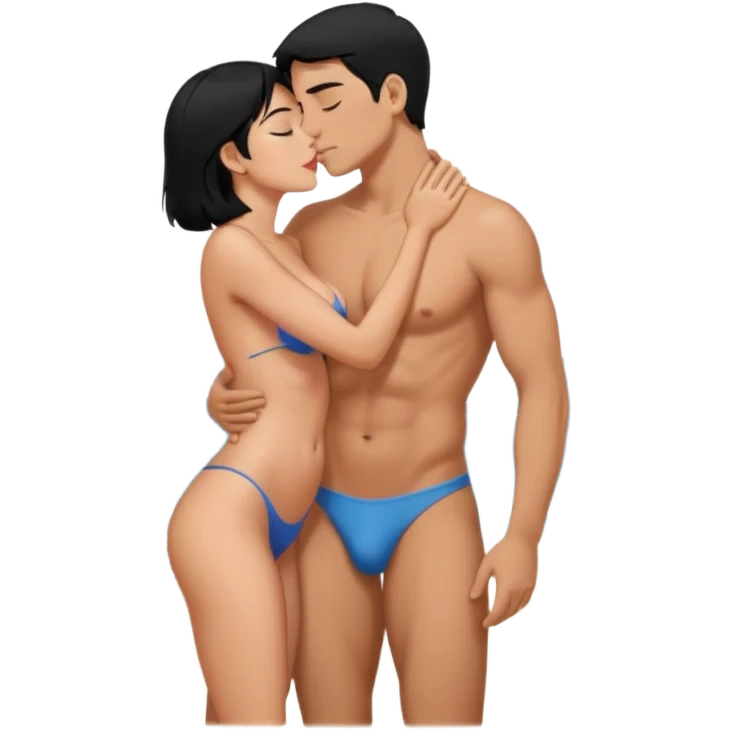 Девушка и мужчина голые лежат на пляже в обнимку, она большие сиски, большая жопа, черные волосы. Он средного телосложения, волосы короткие. Они голые целуется. Видны все тело emoji