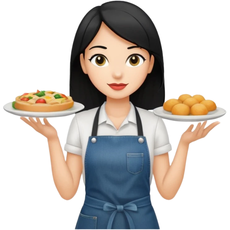 waitress with black hair and a food plate with a black tshirt and ª jeans apron emoji