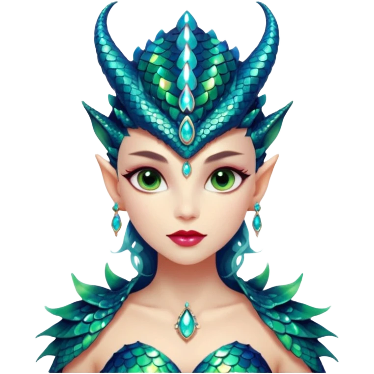 A gorgeous dragon woman with glittering jeweled scales covering her body and face. She has large almond shaped eyes, lush lips, and she wears a stunning luminescent gown. emoji