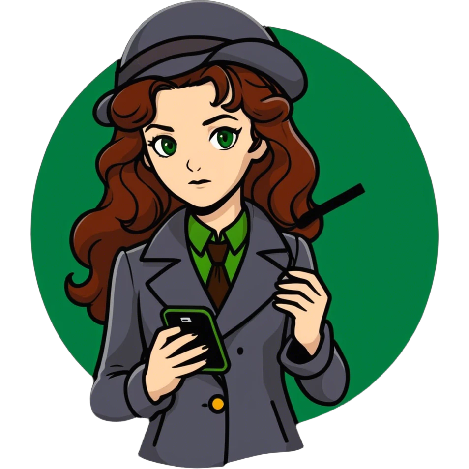 Green eyed long, wavy Auburn hair, beautiful young woman in a detective Sherlock Holmes outfit with a cell phone in her hand ￼ emoji