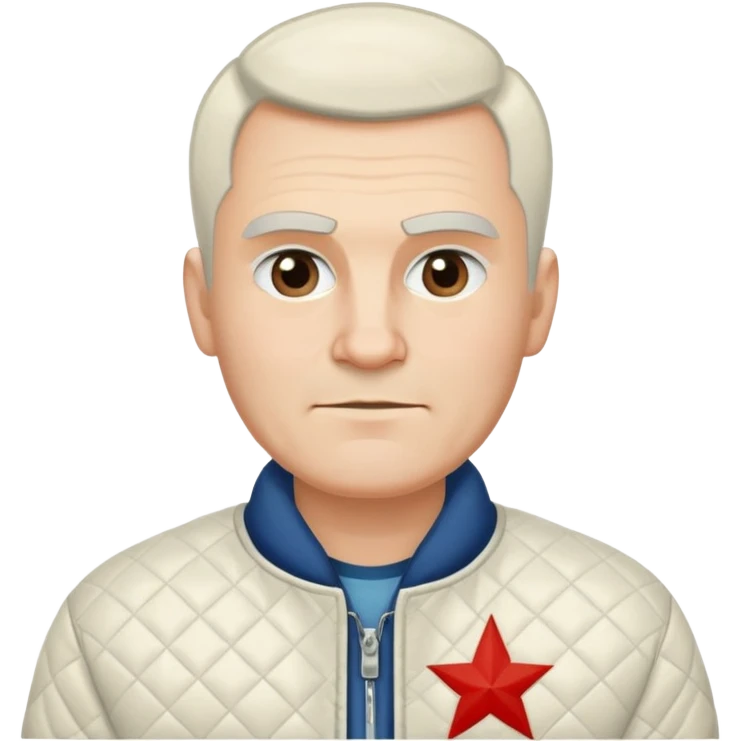A marginal looking man with wide white eyebrows, white hairy cheeks and a prison haircut. A man in a Soviet quilted jacket. Slender face. Frowning eyebrows but the man smiles emoji
